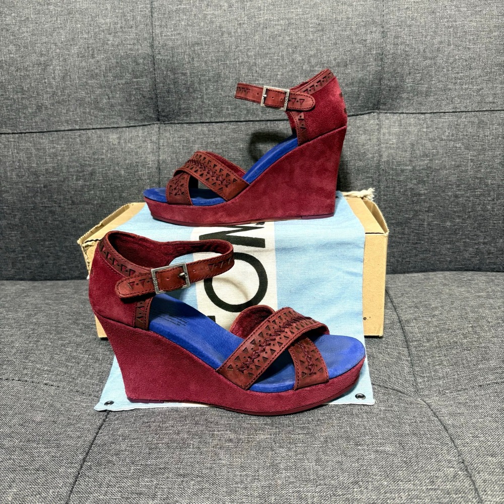 Toms Wedge Shoe Women 6.5 Purple Oxblood Tooled Leather - Picture 10 of 10